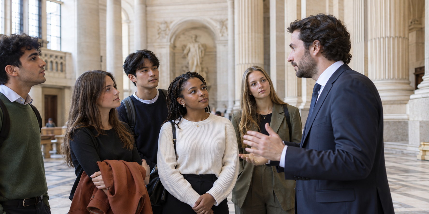 Pre-law students listening to a legal professional in a European civic building