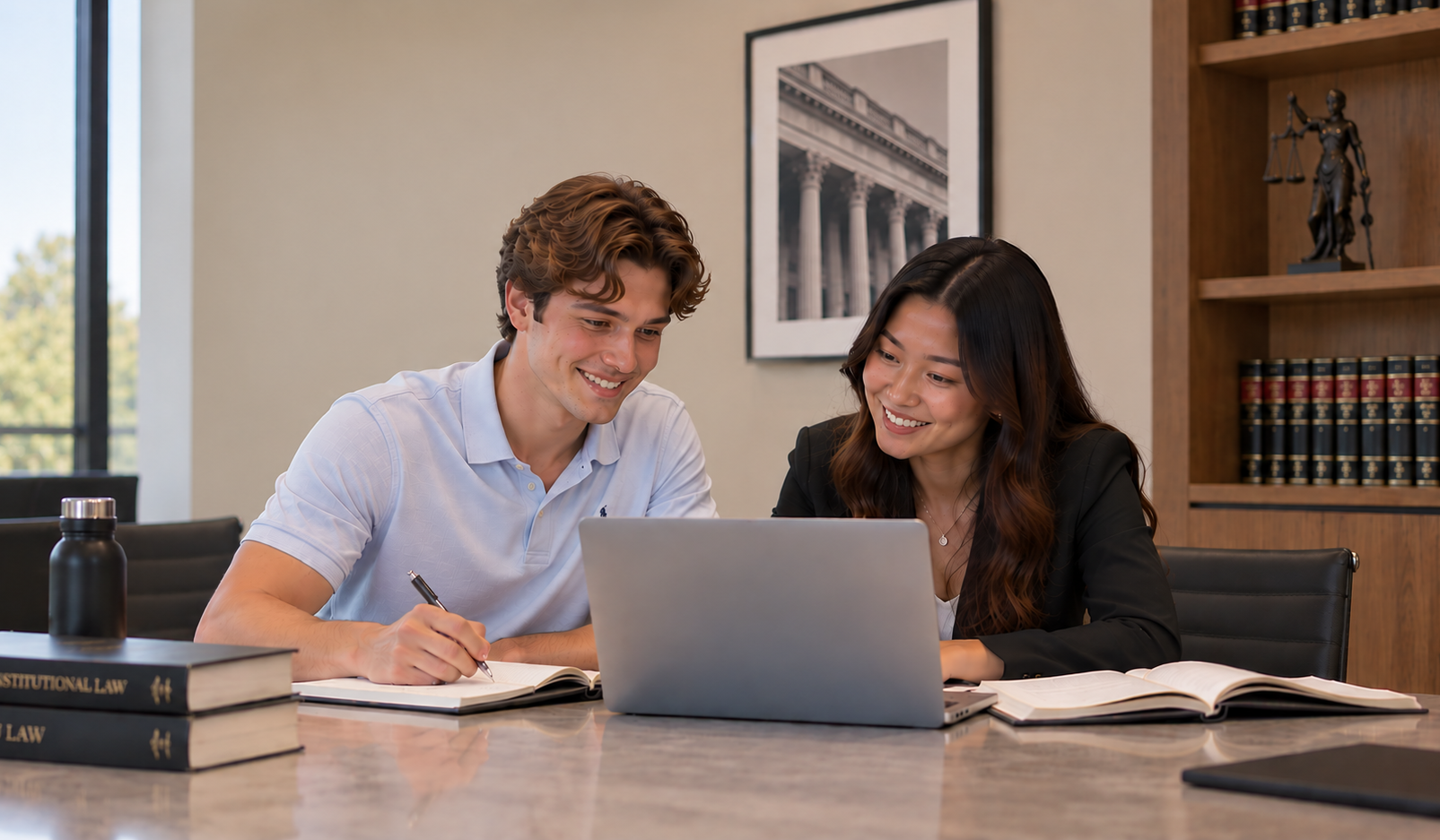 Two pre-law students reviewing material together in a legal office