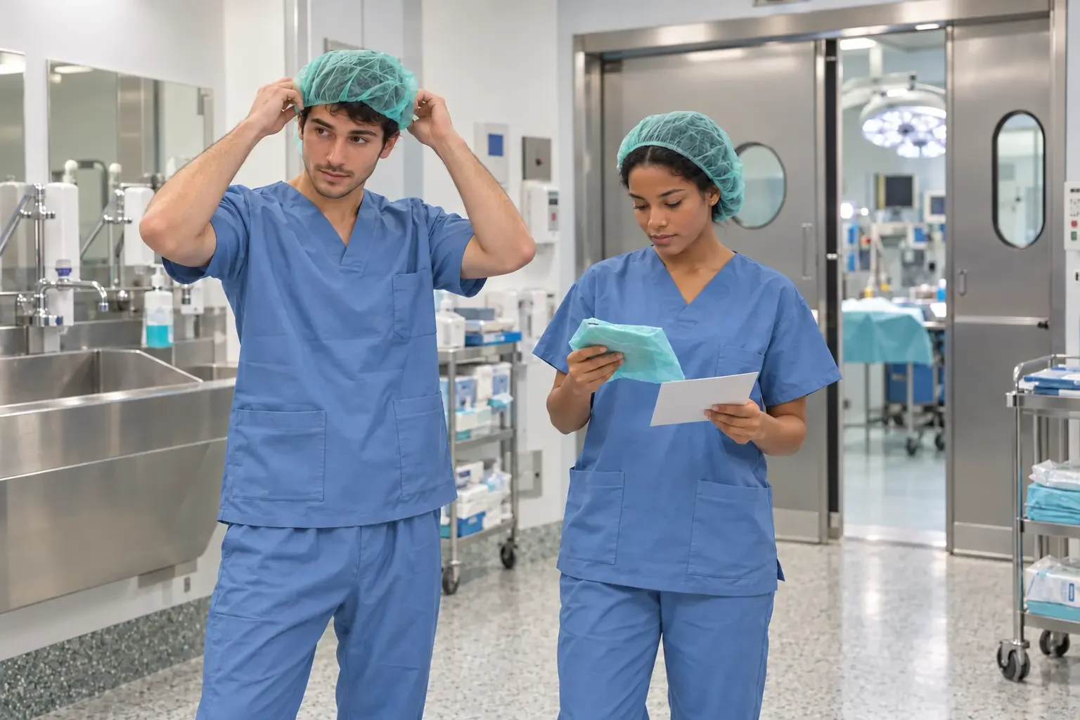 Two pre-health students preparing for observation in a clinical setting
